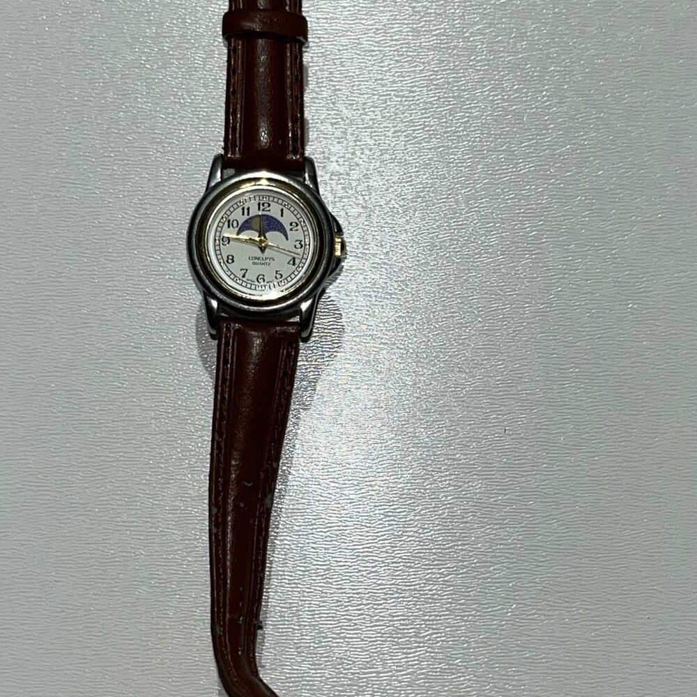 Concepts Unisex Moon Phase‎ Stainless Steel Back Brown Leather Strap Wristwatch